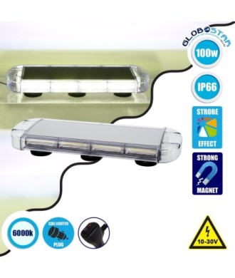 GloboStar® 85184 PRO Series Φάρος Σήμανσης Οχήματος Ασθενοφόρου για Αυτοκίνητα & Φορτηγά 6 Προγραμμάτων Φωτισμού STROBE LED COB 100W DC 10-30V Αδιάβροχος IP66 Ψυχρό Λευκό 6000K